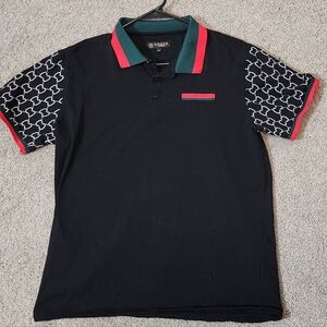 Black Polo Shirt with Red and Green Accents